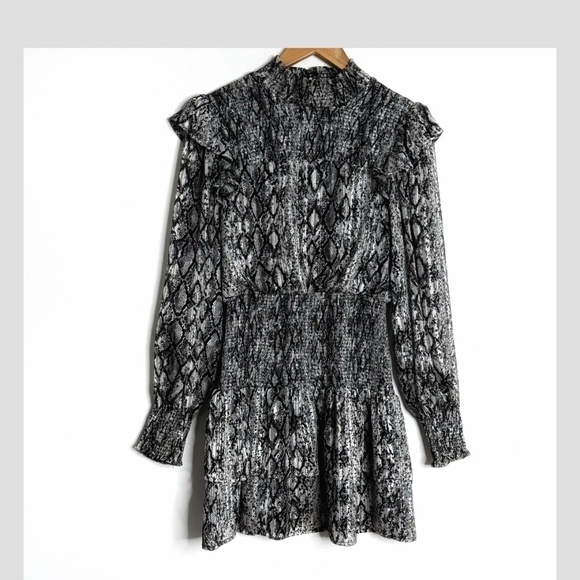 English Factory Dress Black Silver Snake Print Shirred Waist Long Sleeve Size XS - Picture 6 of 15